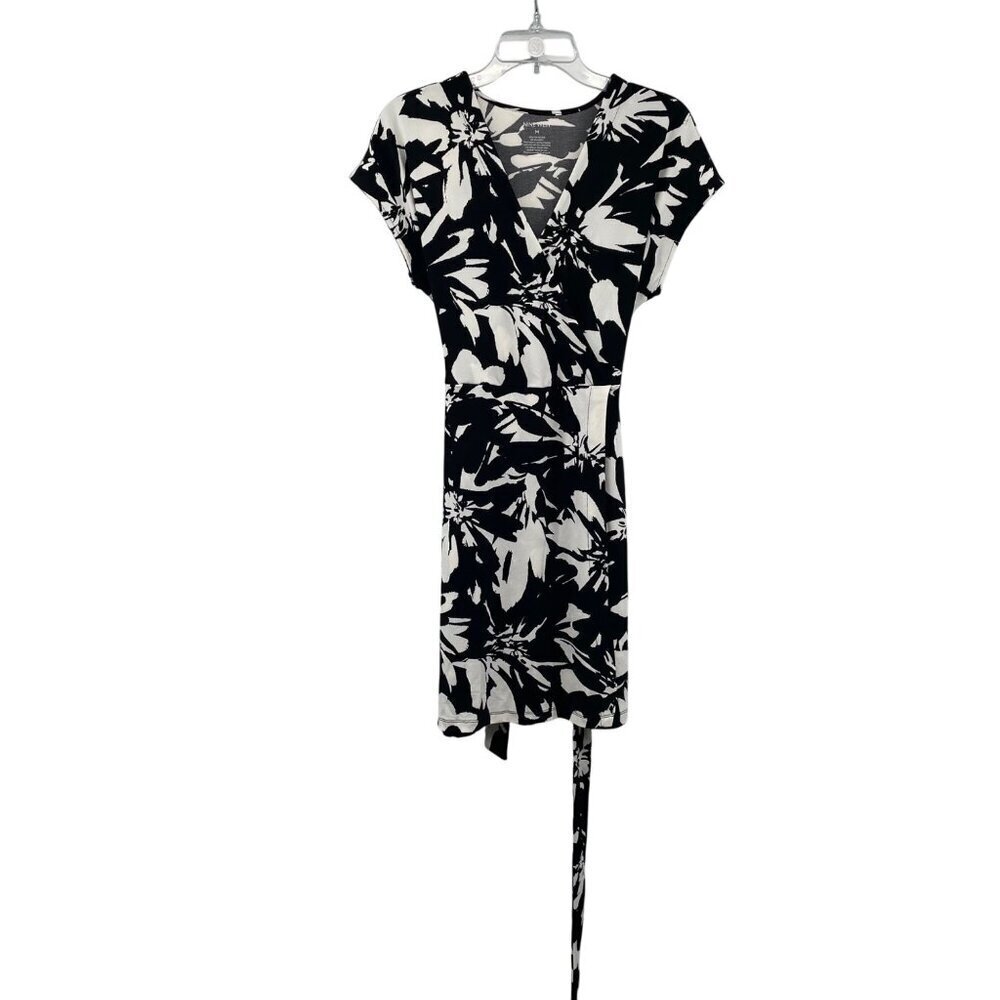 Nine West Womens Faux Wrap Dress Short Sleeve Belted Black/White Size Medium